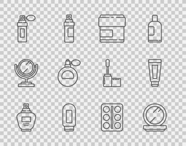 Set line Perfume Makeup powder with mirror Cream lotion cosmetic tube Eye shadow palette and icon. Vector.