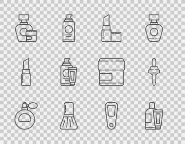 Set line Perfume Cream or lotion cosmetic tube Lipstick Makeup brush Hand mirror and Pipette icon. Vector.