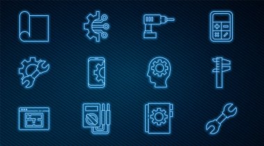 Set line Wrench spanner Calliper or caliper and scale Electric drill machine Setting on smartphone gear Graphing paper for engineering Human head with inside and Algorithm icon. Vector.