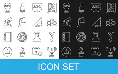 Set line Award cup Tie Chemical formula Alphabet Table lamp Microscope and Triangular ruler icon. Vector.