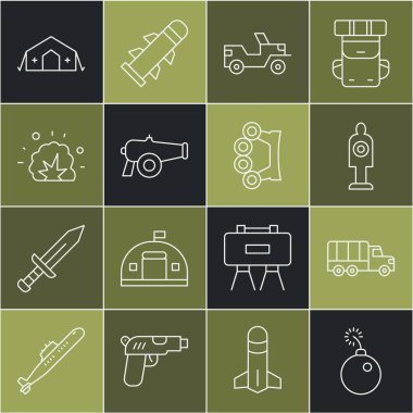 Set line Bomb ready to explode Military truck Human target sport for shooting jeep Cannon explosion medical tent and Brass knuckles icon. Vector.
