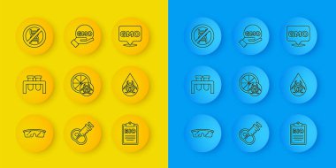 Set line Laboratory glasses Test tube and flask Genetically modified orange Document for bio healthy food GMO Stop and icon. Vector.