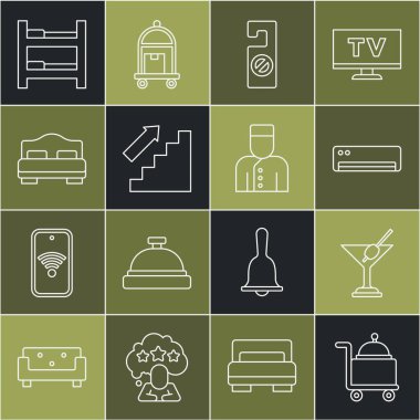 Set line Covered with tray Martini glass Air conditioner Please do not disturb Stairs up Hotel room bed and Concierge icon. Vector.