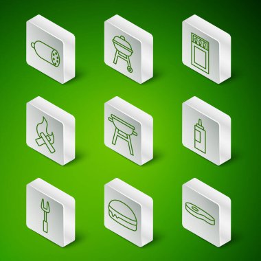 Set line Steak meat Burger Salami sausage Barbecue grill Campfire fork and Sauce bottle icon. Vector.