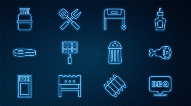 Set line Barbecue Chicken leg grill steel grid Steak meat Propane gas tank Salt and Crossed fork and spatula icon. Vector.