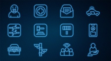 Set line Life insurance in hand Peace Mail e-mail Judge gavel Barbed wire Censor freedom of speech Prison cell door and Hospital signboard icon. Vector.