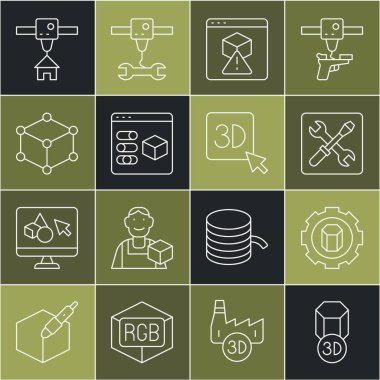 Set line 3D printer setting Isometric cube house and icon. Vector.