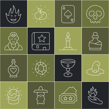 Set line Hand holding a fire Witch hat Bottle with potion Playing cards Ancient magic book Wizard warlock Fire flame and Burning candle candlestick icon. Vector.