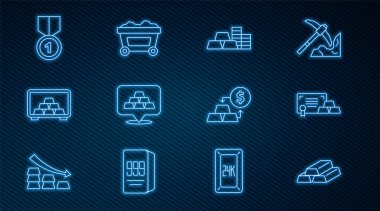 Set line Gold bars with certificate coin gold Safe medal exchange money and Mine cart icon. Vector.