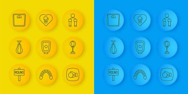 Set line Boxing ring board Punching bag training paws glove Bathroom scales Jump rope and icon. Vector.