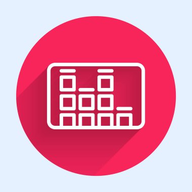 White line Music equalizer icon isolated with long shadow. Sound wave. Audio digital equalizer technology, console panel, pulse musical. Red circle button. Vector.