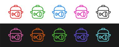 Set line Cooking pot and chicken leg icon isolated on black and white background. Chicken drumstick. Vector.