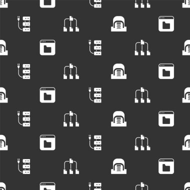 Set Hangar with servers, Browser files, Server and Folder tree on seamless pattern. Vector.