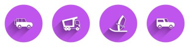Set Off road car Delivery cargo truck Windsurfing and Car icon with long shadow. Vector.