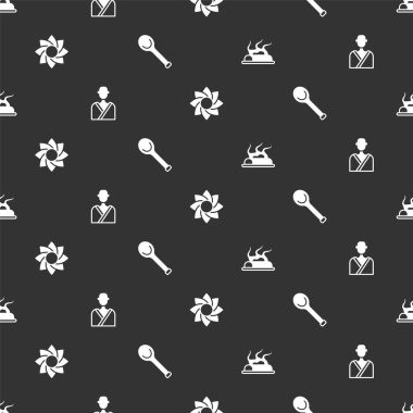 Set Campfire Man in the sauna Flower and Sauna ladle on seamless pattern. Vector.