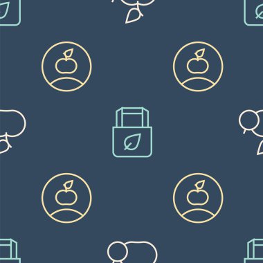 Set line Apple and Shopping bag with recycle on seamless pattern. Vector.