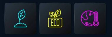 Set line Sprout Earth melting to global warming and Leaf Eco symbol. Black square button. Vector.