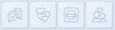 Set line Heart in speech bubble Smiling lips and Lover couple. White square button. Vector.