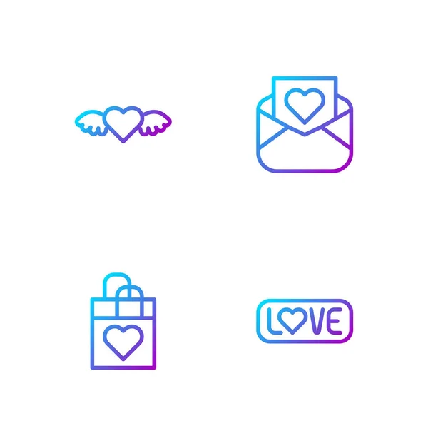 Set Line Love Text Shopping Bag Heart Heart Wings Envelope — Stockvektor