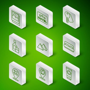 Set line Sunscreen cream in tube Location on the globe Photo Egypt pyramids Whiskey bottle and glass Signboard with text Hotel Plane and room bed icon. Vector.