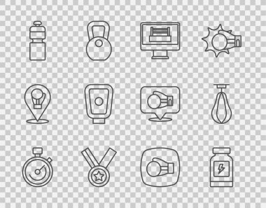 Set line Stopwatch Energy drink Boxing ring Medal Fitness shaker training paws glove and Punching bag icon. Vector.