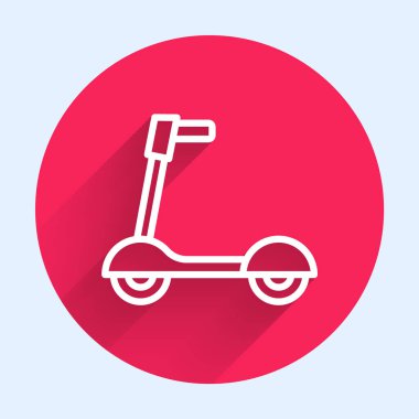 White line Roller scooter for children icon isolated with long shadow background. Kick scooter or balance bike. Red circle button. Vector.