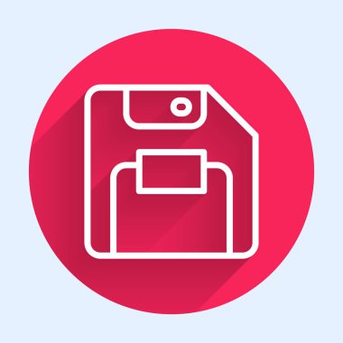 Bilgisayar veri depolama simgesi için uzun gölgeli beyaz çizgi diski izole edildi. Disket işareti. Kırmızı daire düğmesi. Vektör.