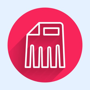 White line Paper shredder confidential and private document office information protection icon isolated with long shadow background. Red circle button. Vector.