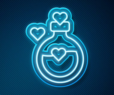 Glowing neon line Bottle with love potion icon isolated on blue background. Happy Valentines day. Vector.
