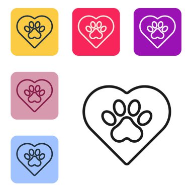 Siyah Çizgili Kalp, beyaz arka planda izole edilmiş hayvanların ayak izi ikonu. Yüreğindeki evcil hayvan pençesi. Hayvanlara sevgiler. Renkli kare düğmelerle simgeleri ayarla. Vektör.