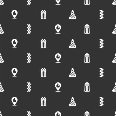 Set Steak meat, Bacon stripe, Location with fire flame and Salt on seamless pattern. Vector.