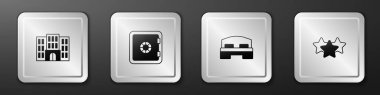 Set Hotel building Safe room bed and Stars rating icon. Silver square button. Vector.
