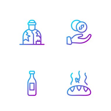 Set line Donation food Bottle of water Homeless and hand with money. Gradient color icons. Vector.