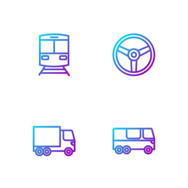Set line Bus Delivery cargo truck Train and railway and Steering wheel. Gradient color icons. Vector.