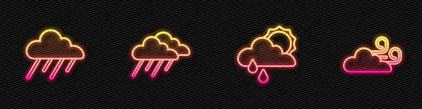 Set Line Cloud Rain Sun Windy Weather Glowing Neon Icon — Vetor de Stock