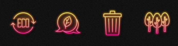 Set Line Trash Can Leaf Eco Symbol Tree Glowing Neon — Stockvector