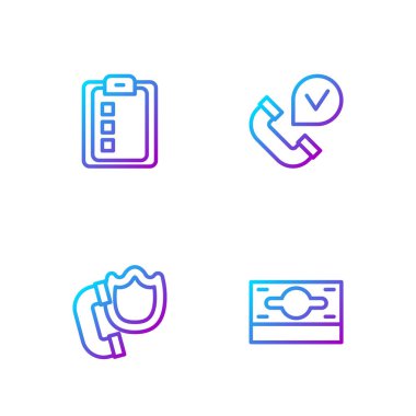 Set line Stacks paper money cash Telephone handset with shield Online quiz test survey and . Gradient color icons. Vector.