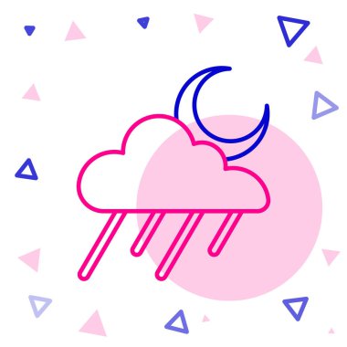 Yağmur ve ay ikonuna sahip çizgi bulutu beyaz arka planda izole edildi. Yağmur damlaları ile yağmur bulutu yağışı. Renkli taslak konsepti. Vektör.