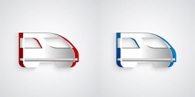 Kağıt kesiği yüksek hızlı tren simgesi gri arkaplanda izole edildi. Demiryolu seyahati ve demiryolu turizmi. Metro ya da metro hızlı tren taşımacılığını düzene soktu. Kağıt sanatı tarzı. Vektör.