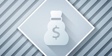 Kağıt kesiği Gri arka planda eski para çantası simgesi izole. Nakit bankacılık tabelası. Kağıt sanatı tarzı. Vektör.