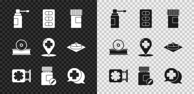 Tıbbi şişeyi, acil durum ilaç ambalajına sprey hapları ve doktor Otolaryngological baş reflektörü ve harita işaretleyicisi hastane simgesine yerleştirin. Vektör.