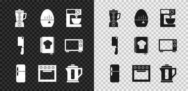 Blender Kitchen zamanlayıcısını, elektrikli karıştırıcı fırın ocağını, et doğrayıcısını ve yemek kitabı simgesini ayarla. Vektör.