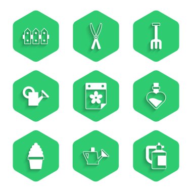 Takvimi, gübre şişesi aşk iksiri kaktüs peyote ve çit ahşap ikonu için çiçek sulama kutusu spreyi ile ayarla. Vektör.