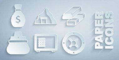 Altın bozdurma parası, bir çanta dolusu altın madeni ve eski çanta ikonu ayarla. Vektör.