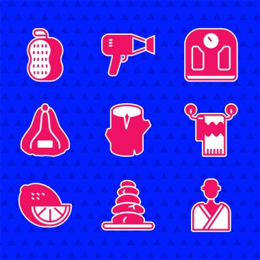 Tahta kütük Yığın Sıcak Taşlı Adam 'ı sauna havlusu askısı Lemon Sauna şapkası banyo terazisi ve çamaşır bezi ikonu yap. Vektör.