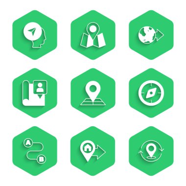 Katlanmış haritayı konum işaretli ev haritası pusula pusula rotası dünya ve insan simgesi ile ayarla. Vektör.