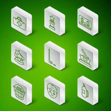 İlk yardım çantası, buz hokeyi sopası ve puck pkates ödül kaskı ve şampiyon ikonu. Vektör.