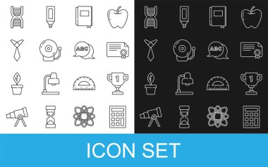 Satır Hesap Makinesi Ödül Bardağı Sertifika Şablonu Alarm Çanı Şablonu DNA kravat ve Alfabe simgesi. Vektör.