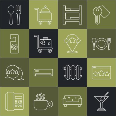 Martini bardağını ayarlayın. Tabak çatalı ve bıçak odası yatak çantası. Lütfen çatal ve ikonu rahatsız etmeyin. Vektör.