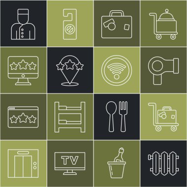 Radyatör Isıtma Bavulu Saç Kurutma Kurutma Beş Yıldızlı Değerlendirme Odacısı ve Kablosuz Kablosuz İkona ayarla. Vektör.